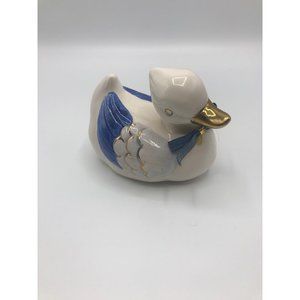 Vintage ceramic duck figurine hand painted cobalt blue, gold accents, fabric bow